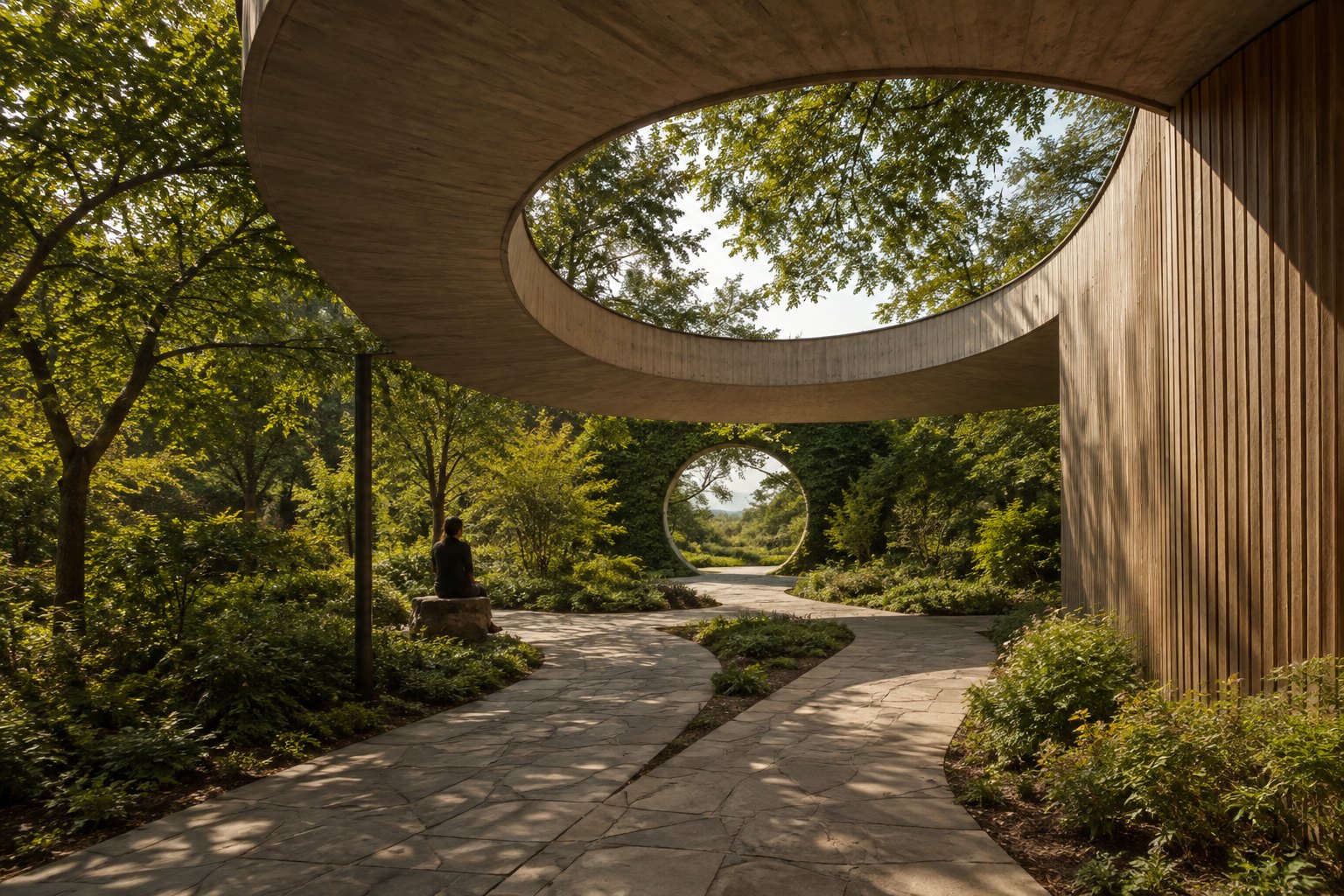 Illustrative garden pavilion with intersecting paths and circular openings